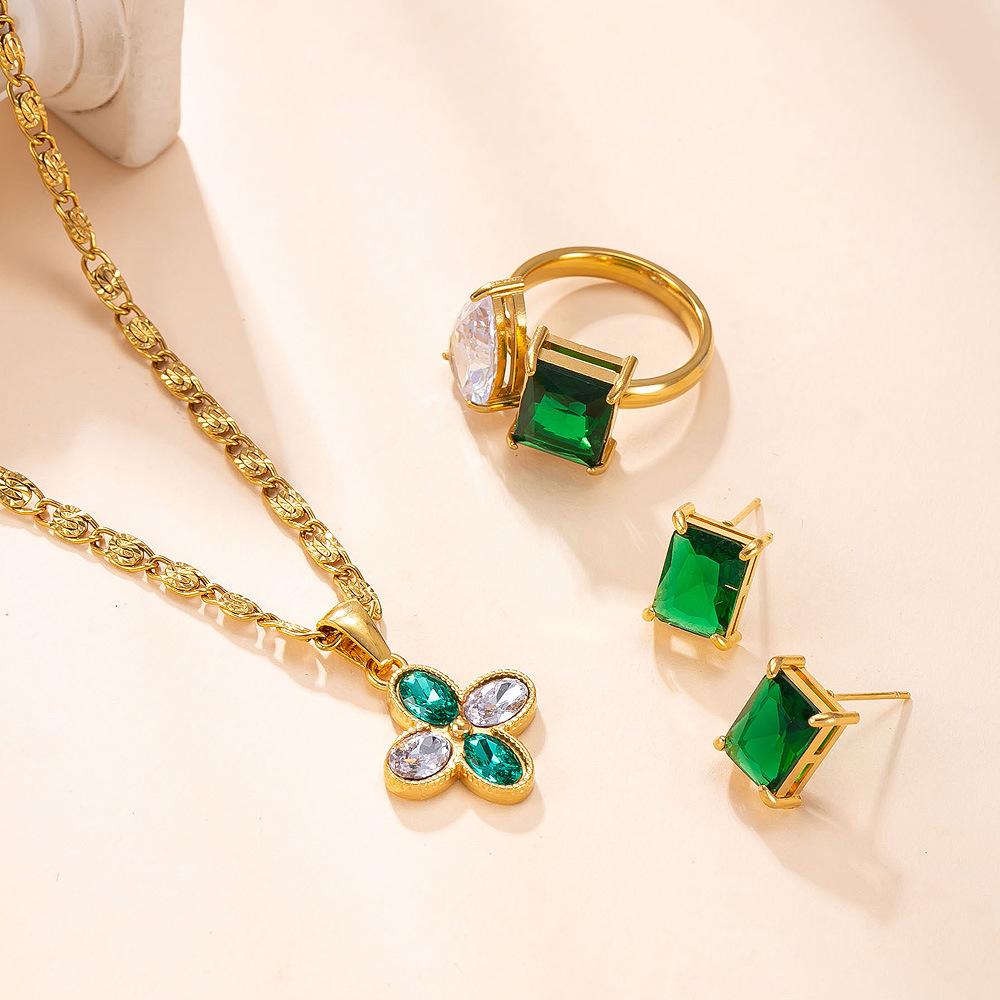 

Titanium Steel Jewelry Light Luxury Design Sense 18k Gold Plated Necklace Water Drop Square Zircon Stainless Steel Ring Ring6No.