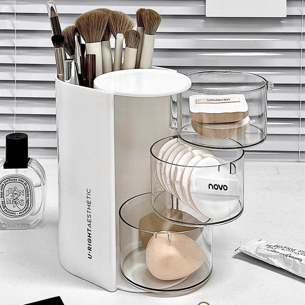 Rotating Dustproof Storage Box for Desk - Vanity Organizer Container for Beauty Sponges, Air Cushions,Lipsticks & Makeup Brushes