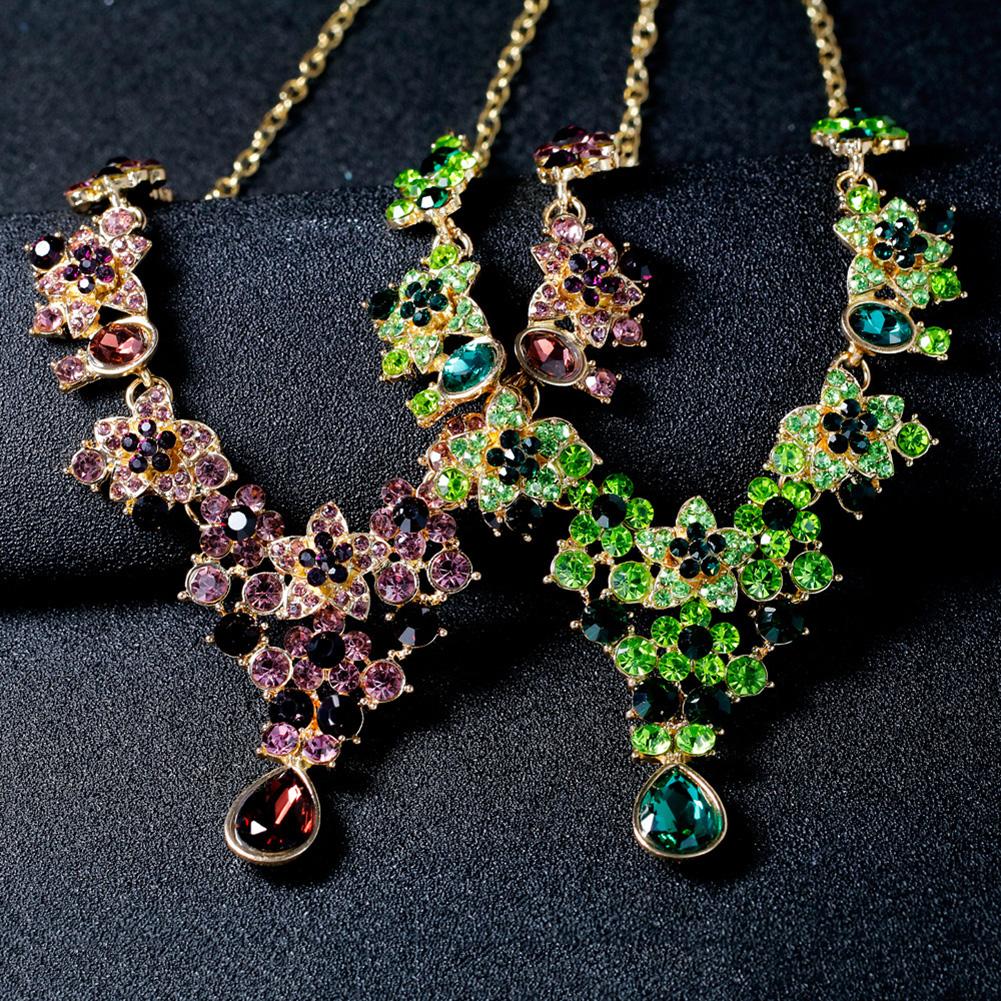 Women Bridal Multi-color Jewelry Set Elegant Fashionable Diamond Alloy Necklace + Earring Set