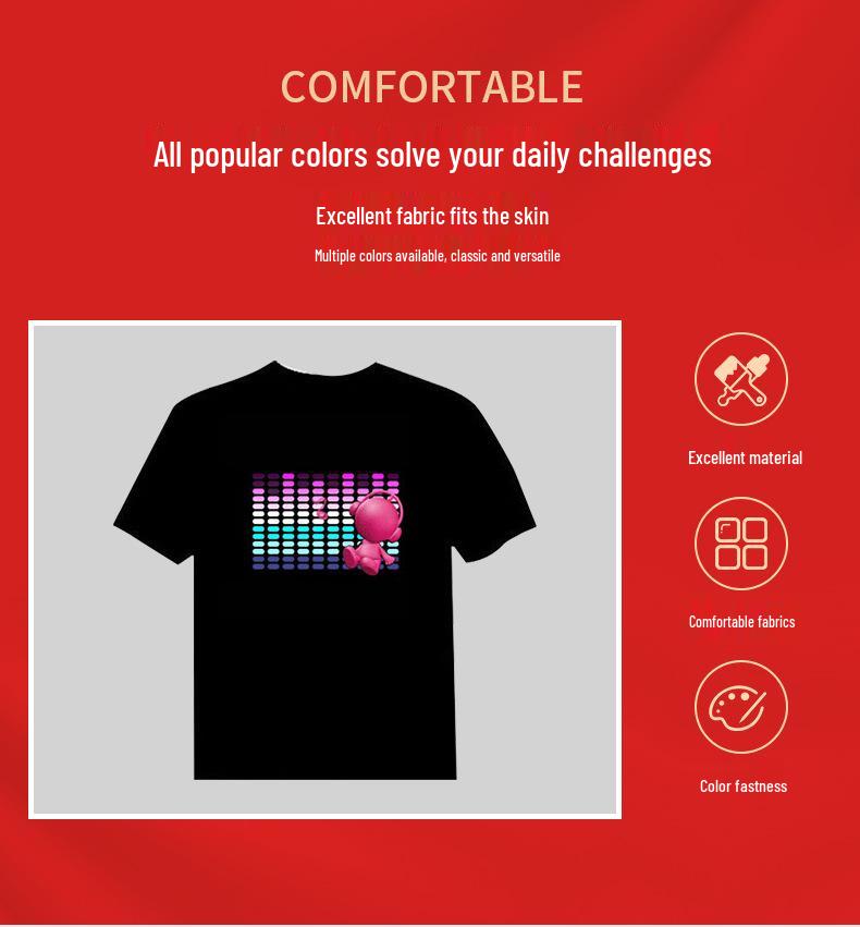 LED Sound Control Music Bar Flashing Luminous Short Sleeve T-shirt for Trendy Clubbing Men and Women.