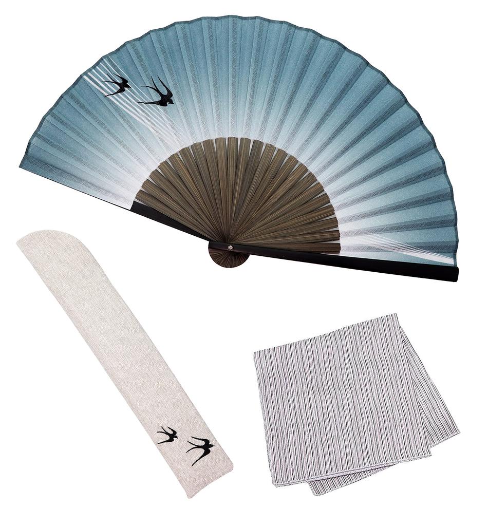 Folding Stylish Business with Folding Fan Bag and Handkerchief Good Luck [Osaka Choseido] Men's Fan, Style, Set, (Swallow Blue-Green)