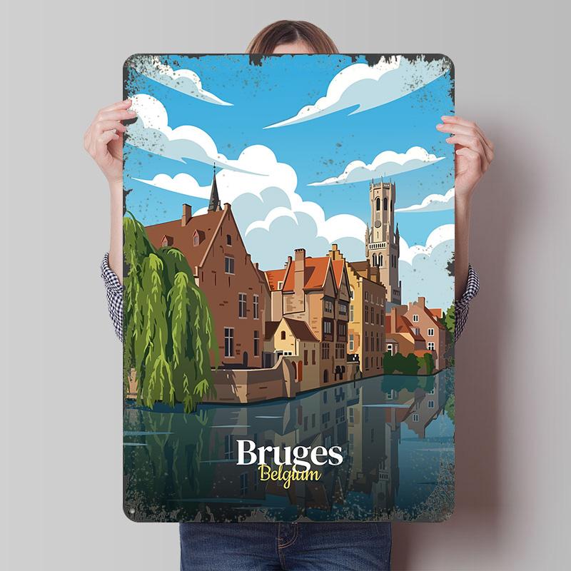 

Bruges Belgium Travel Printed Poster Customized Wall Art Retro Vintage Metal Tin Signs for Garage Decoration Room Man Cave Decor 7.9x11.8In(20x30cm)