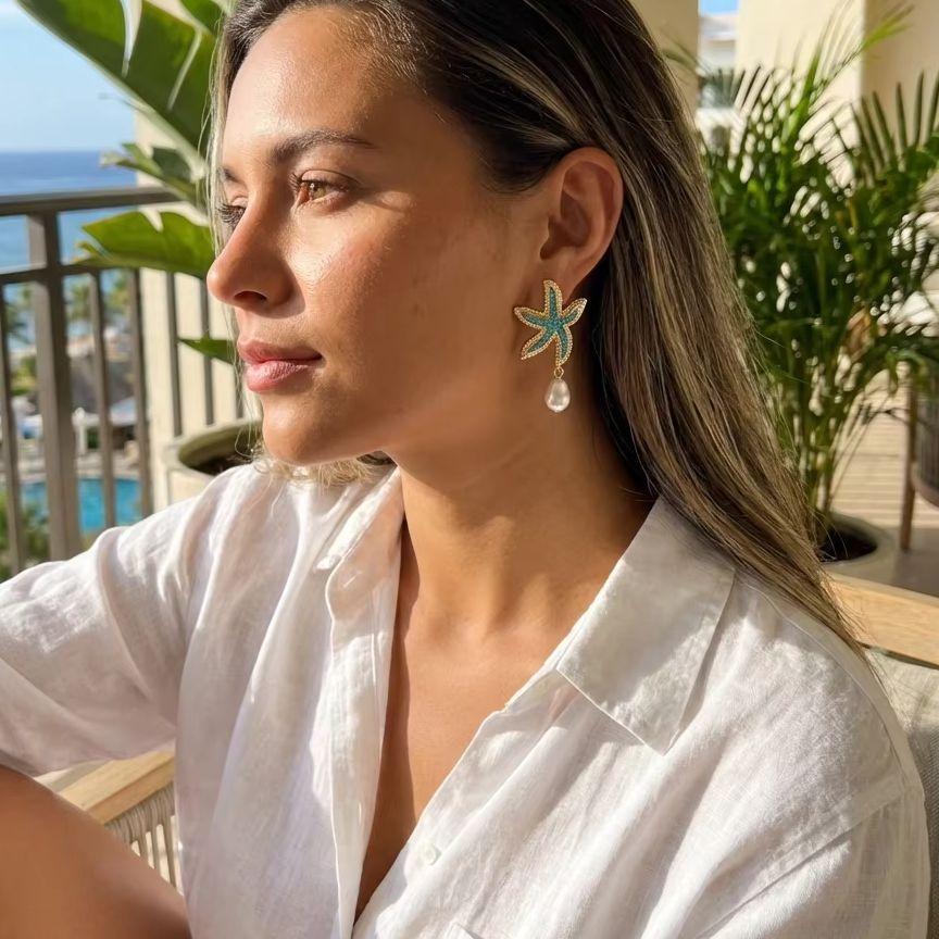 Summer Beach Starfish Dangle Earrings For Women Gradient Blue Rhinestone Baroque Pearl Drop Earring Mermaidcore Ocean Jewelry