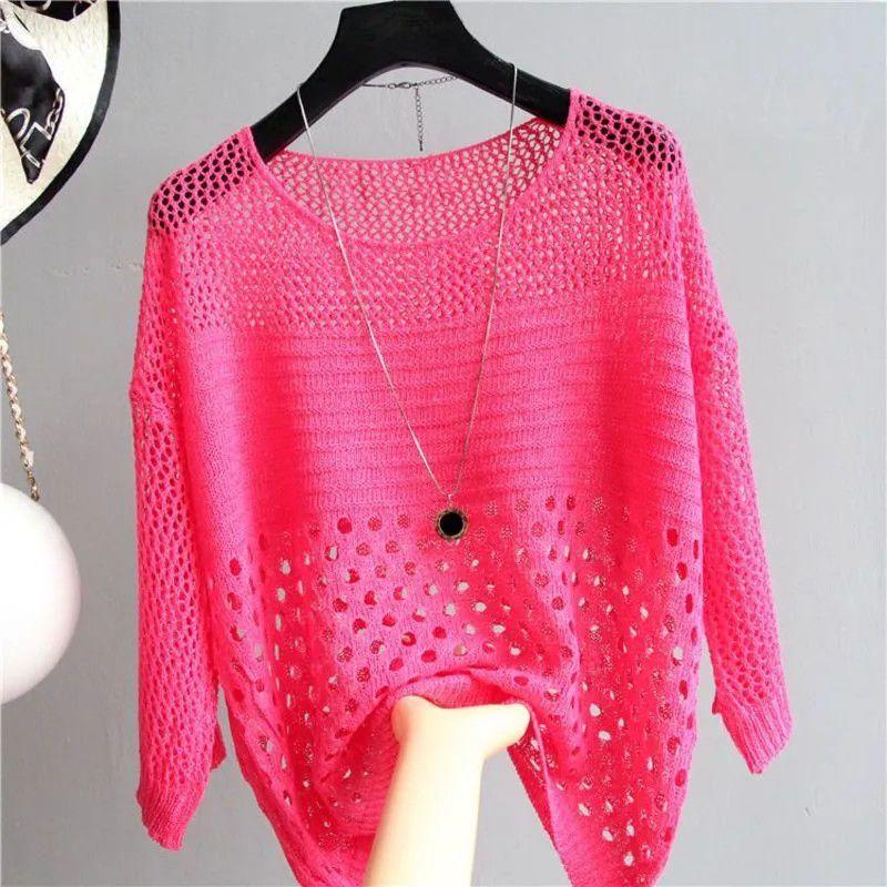 Trend Multicolor O-Neck Hollow Stripe Knit Thin Sweater T-shirt Crochet Cover Up Top Summer Crop Top Sweet Casual Women Clothes