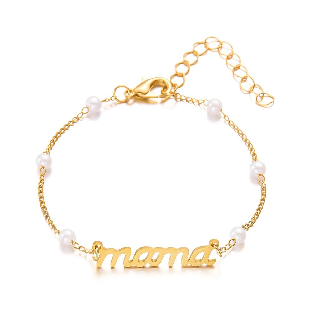 European Style Mother's Day Stainless Steel 'Mama' Pearl Clavicle Necklace and Bracelet Set for Women
