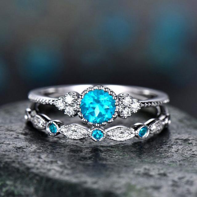 2 piezas /Juego Anillos de Dedo de Cristal de Piedra Verde Azul Lujoso Para Mujeres Color Plata Bandas de Boda Compromiso Joyería Regalos Nuevo