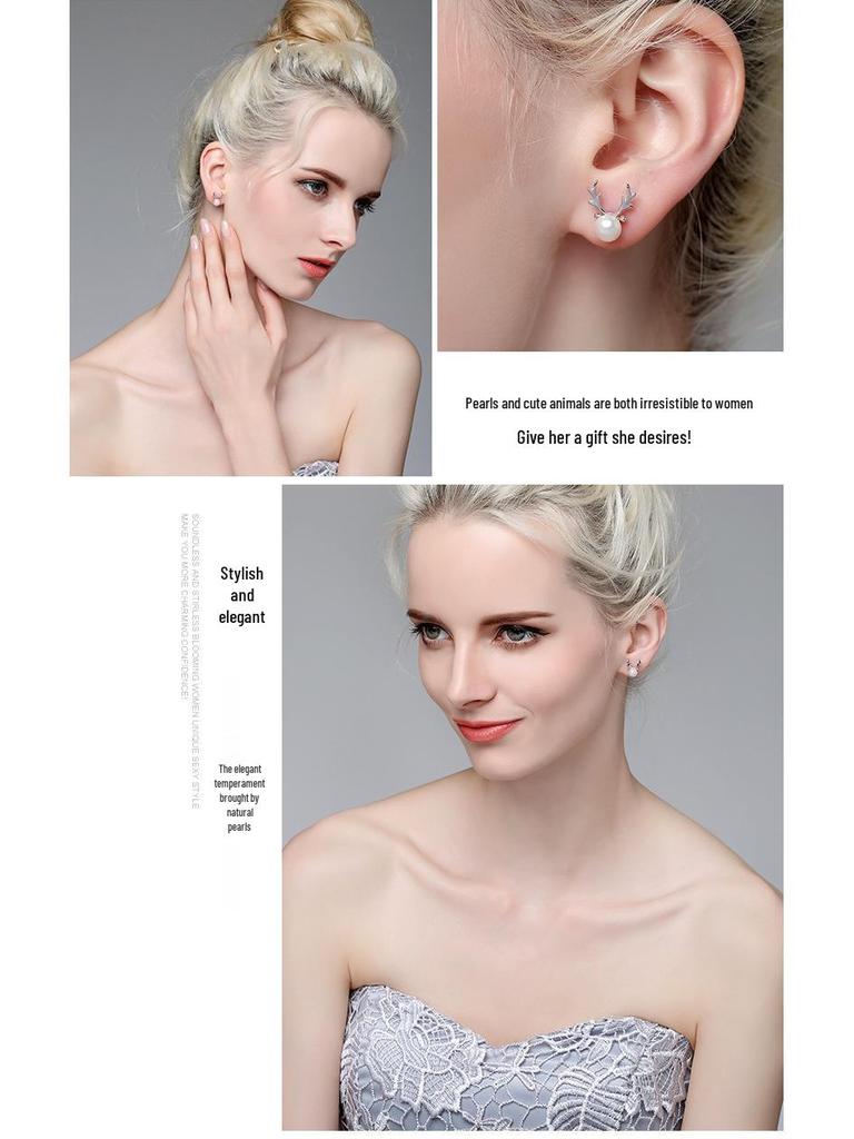 Korean Fashion S925 Sterling Silver Freshwater Pearl Antler Stud Earrings, Simple Christmas Gift for Women