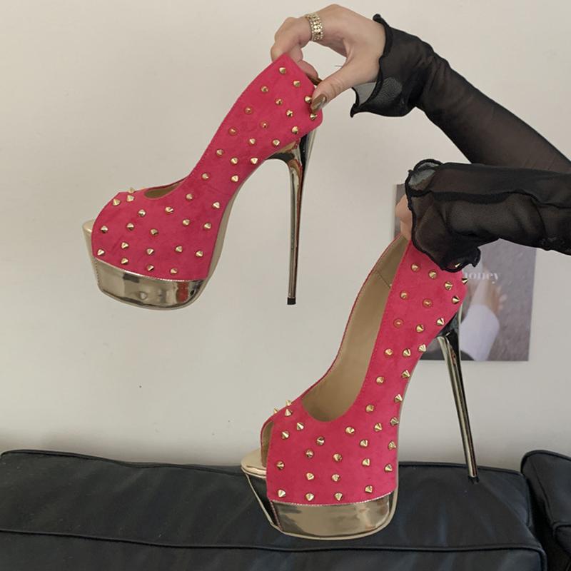 Escarpins à plateforme et bout ouvert de 16 cm, style sexy, avec bride arrière, ornés de rivets métalliques, parfaits pour les mariages et les banquets.
