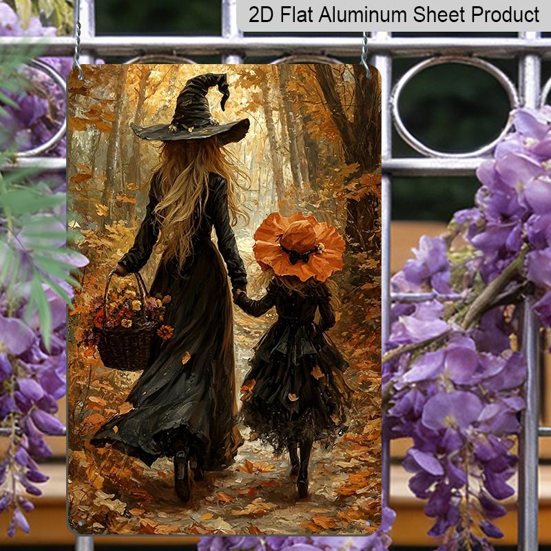 2D Flat Autumn Forest Mother and Little Witch Holding Hands Vintage Metal Sign‑8.0x12.0inch Aluminum Wall Art, Fall Halloween Farmhouse Porch Decor