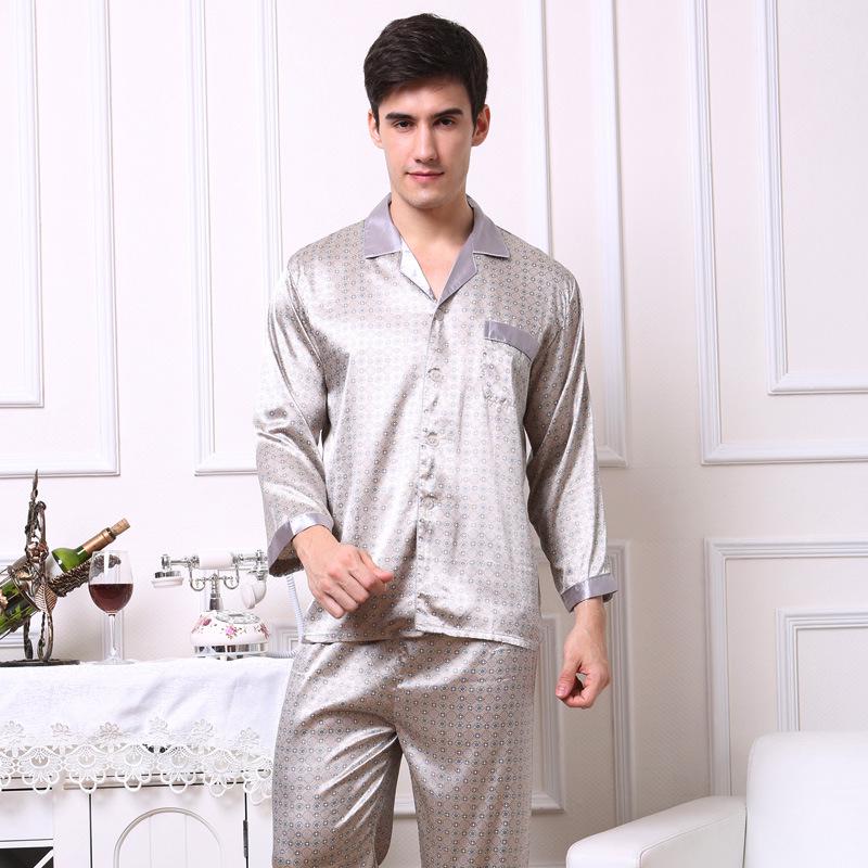 Men's Silk Long Sleeve Pajamas Set: Spring to Autumn, Lightweight, Loose, and Comfortable Homewear.