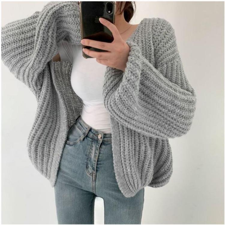 Versatile Casual Solid Color Loose Knitted V Neck Lantern Sleeve Autumn Cardigan Sweater Jacket