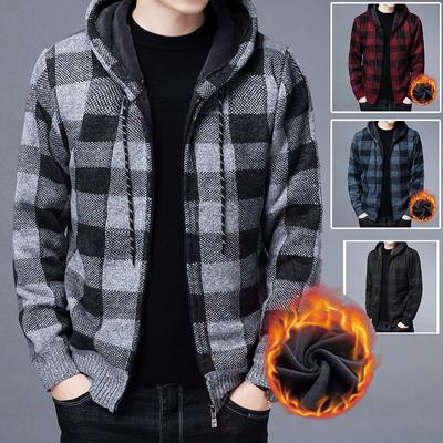 Men's Autumn and Winter Thickened and Padded Hooded Plaid Jacket Casual Comfortable Handsome Knitwear Outerwear
