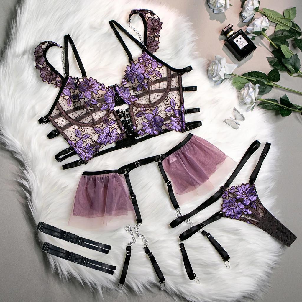 Erotic Lingerie for Women Sexy Set Underwear Floral Transparent Lace Bra and Panty Intimate Sets with Garter Outfits Bodysuits