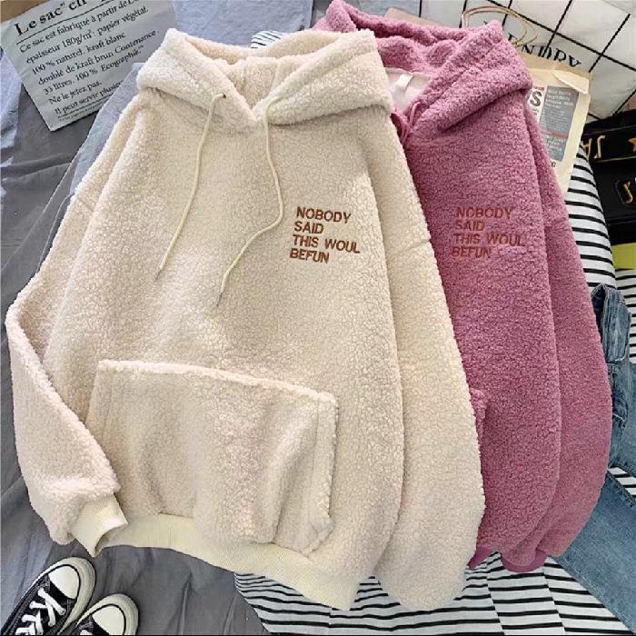 2026 Autumn/Winter Women's Velvet Lambswool Hoodie - Korean Style Student Loose Fit Jacket