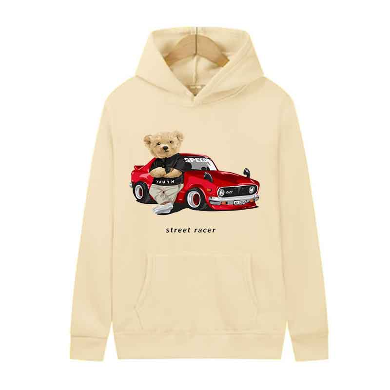 Spring Autumn Fashion Casual Hooded Sweatshirt Men Women Street Simple Hoodie Little Bear Drive A Car Printing Unisex Top