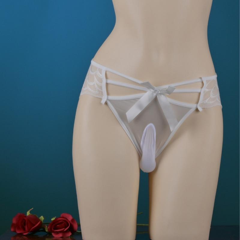 Men Sexy Underwear Hollow Lace Panties Satin Silk Bow Cross Thin Pouch Penis Sheath Briefs Crossdressing Sissy Lingerie