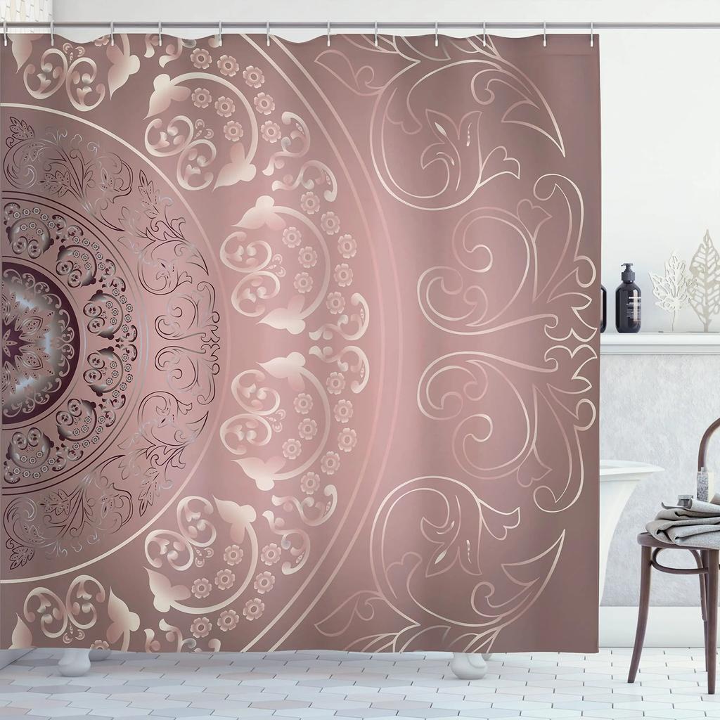 Mandala Shower Curtain,Vintage Cosmos Oriental Breeze Pattern Swirled Floral Leaves Cloth Fabric Bathroom Curtain Set with Hooks