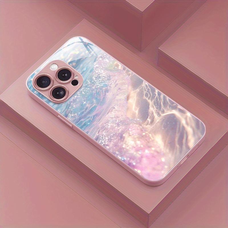 

Seawater Ripple Pattern Pink Metallic Paint Glass Hard Phone Case For iPhone 17 Pro Max 11 12 13 14 15 16 Plus 16E 17Air Cover iPhone 16 Pro