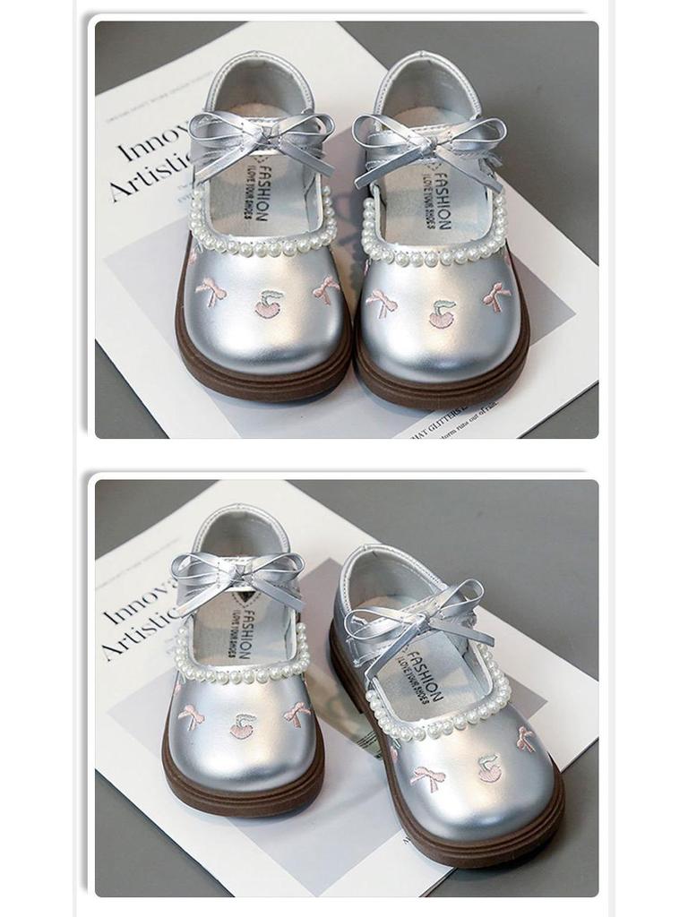 Cherry Leather Bowknot Princess Shoes for Girls - Soft Sole Pearl Trim Flats