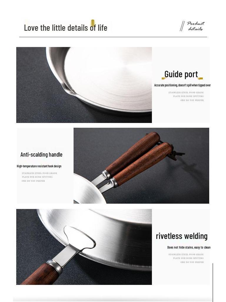 Mini Patelnia ze stali nierdzewnej 304 z płaskim dnem, drewnianą rączką i osłoną przeciw pryskaniu, niepowlekana patelnia do omletów