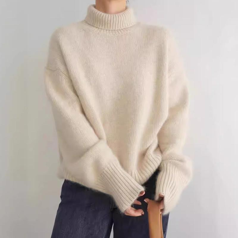 Women Autumn Winter High Collar Long Sleeve Wardrobe Staple Warm Solid Color Comfy Loose Pullovers Knitted Sweater Top