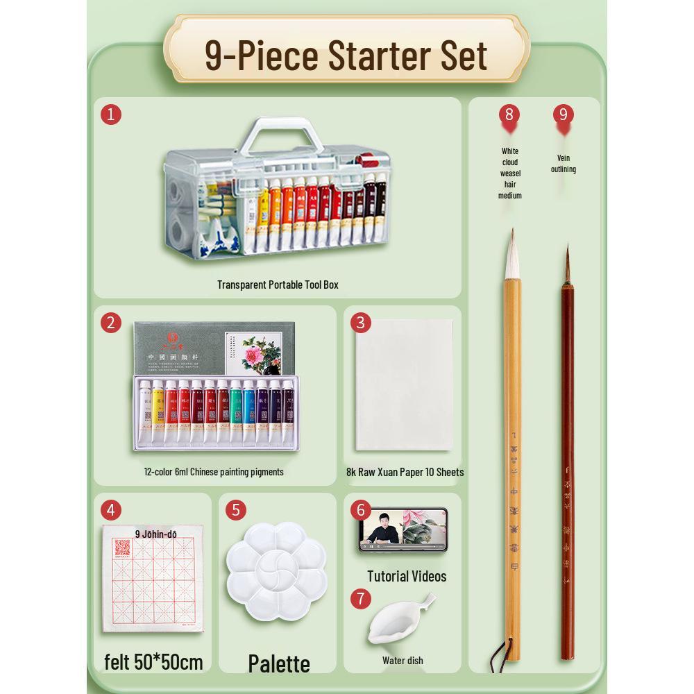 Chinese Painting Pigments Set for Beginners with Brushes & Materials