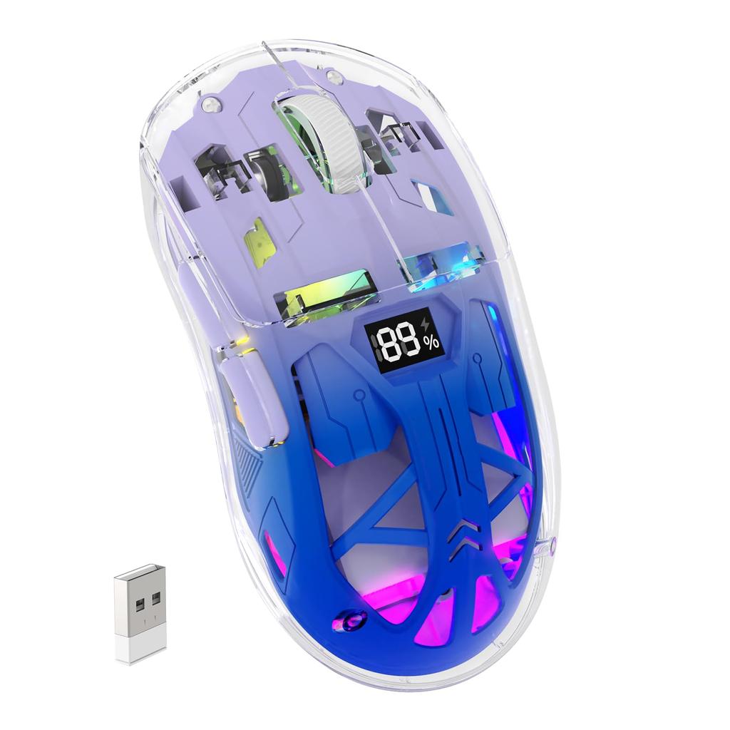 FREEWOLF A2 Transparent RGB Wireless Gaming Mouse with Transparent Digital 400mAh Adjustable Battery Levels Purple 2.4G/BT Case, Lightweight,