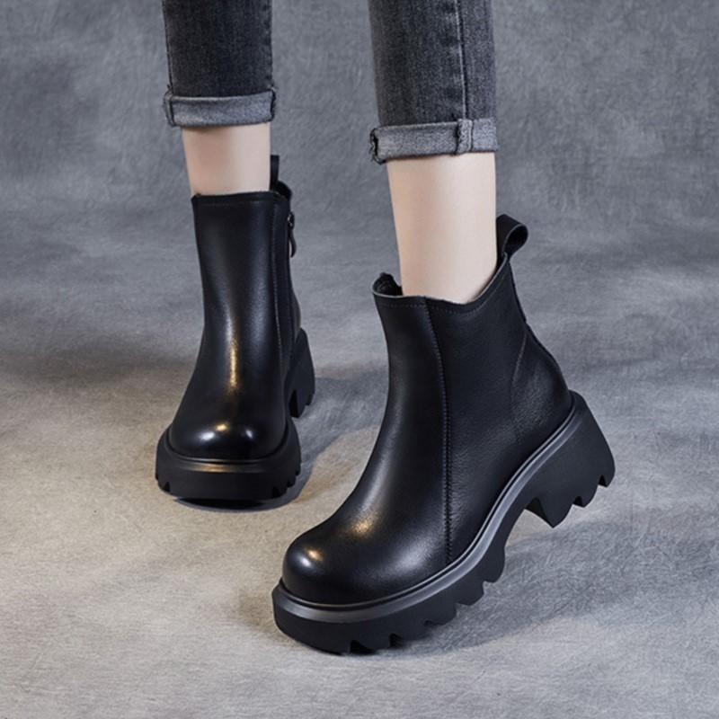 Johnature Thick Soled Genuine Leather Women's Boots British Style Round Toe Thick Heel Short Boots