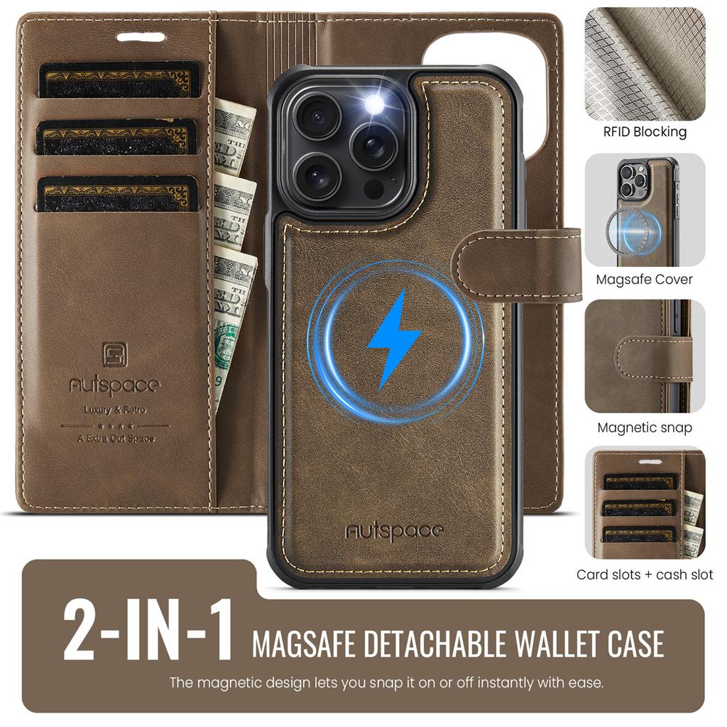 2-in-1 Magnetic Detachable Wallet Case for iPhone 14/14 Pro/14 Pro Max/14 Plus - PU Leather, Card Slots, MagSafe Charging, 360° Protection & Kickstand