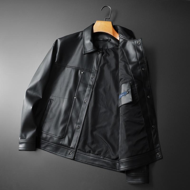 European Station Autumn and Winter New Men's Fashion PU Leather Lapel Locomotive Leather Jacket Slim Trendy Men's Jacket