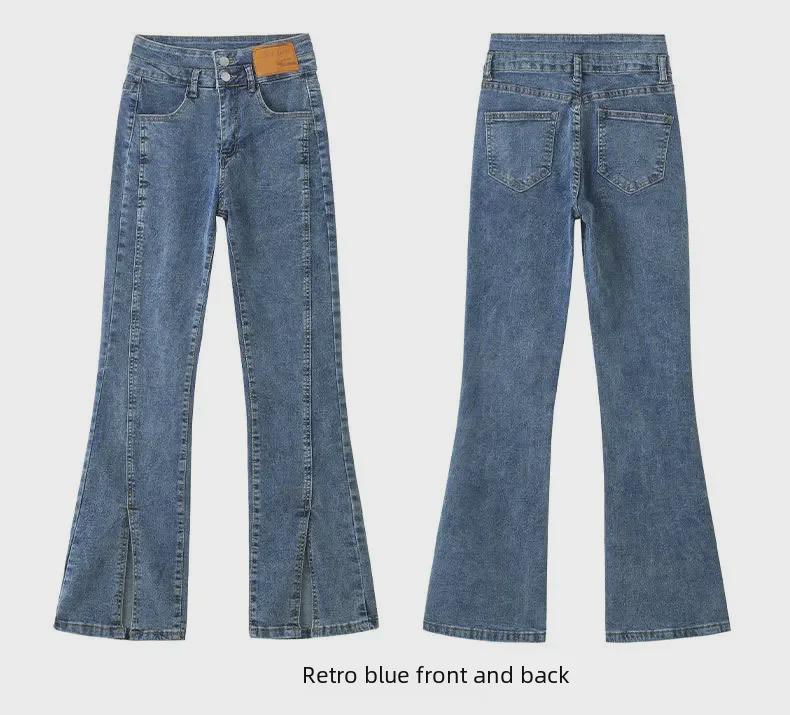 Korean Style High Waist Slit Jeans for Women - Autumn/Winter Slim Fit, Double Button, Elastic Flared Wide Leg Trousers