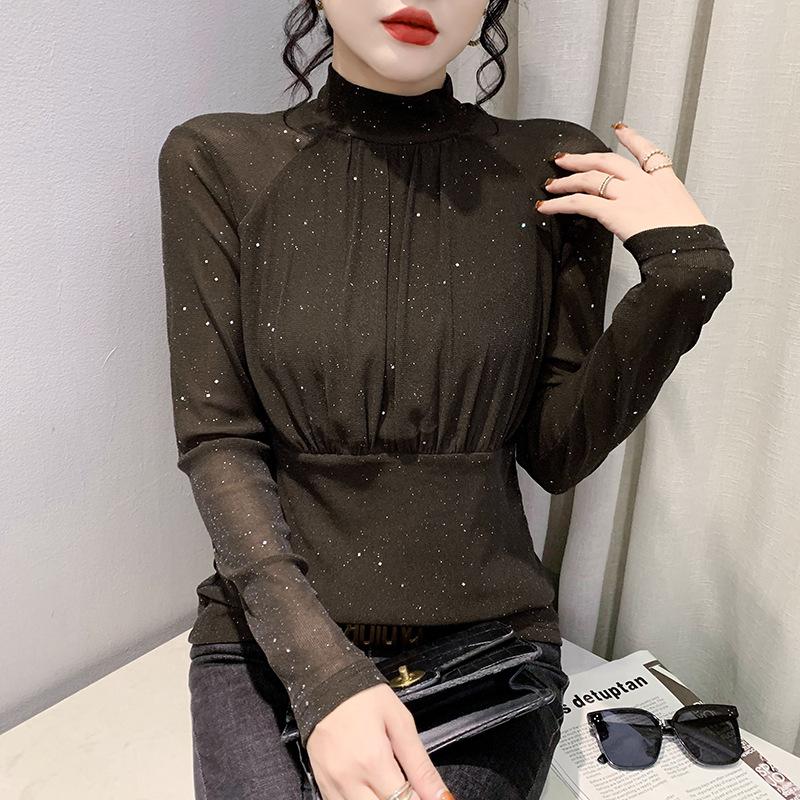 Fleece-in-warm Half-high Neck Base Shirt for Women's New Winter Long-sleeved T-shirt Fashionable Slim Body Shirt