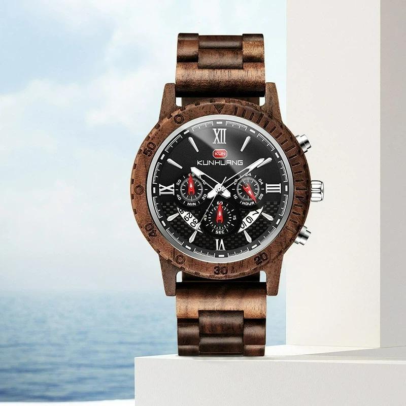 Men Natural Walnut Wood Watch Multifunctional Chronograph Quartz Wristwatch Roman Numeral Dial Sport Wooden Band Watch