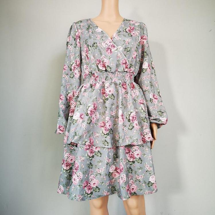Casual V-Neck Puff Sleeve Floral Print A-Line High Waist Short Dress Women Black S-XL S серый