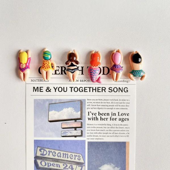 

6pcs Cute Swimming Figures Resin Magnets - Colorful Oval-Shaped Magnets for Fridge, Kitchen, Bathroom & More