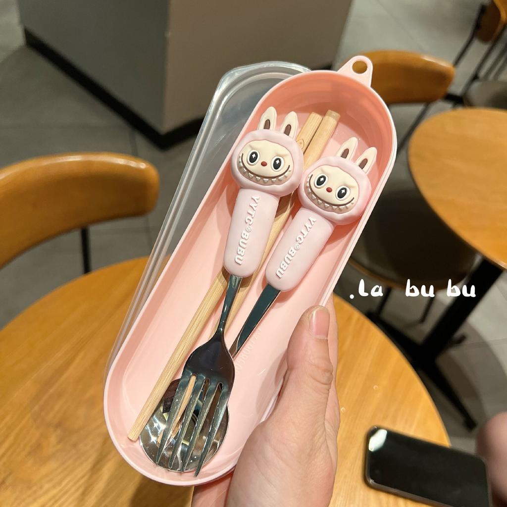 Cute 304 Stainless Steel Forks, Spoons and Chopsticks Cartoon Student and Children's Convenient Tableware Set