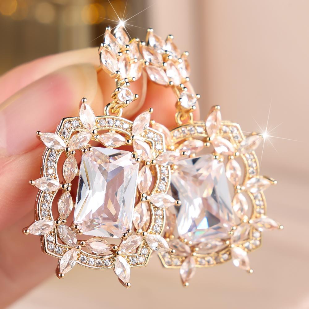 Luxury Flower Zircon Drop Earrings Gold Color Large Bridal Wedding Jewelry Women Gift