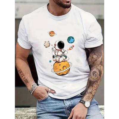 Erkek %100 Pamuk Yazlık Bol Beden Karikatür Astronot Gezegen Baskılı Slim Fit Günlük Spor Yuvarlak Yaka Kısa Kollu Tişört Üst