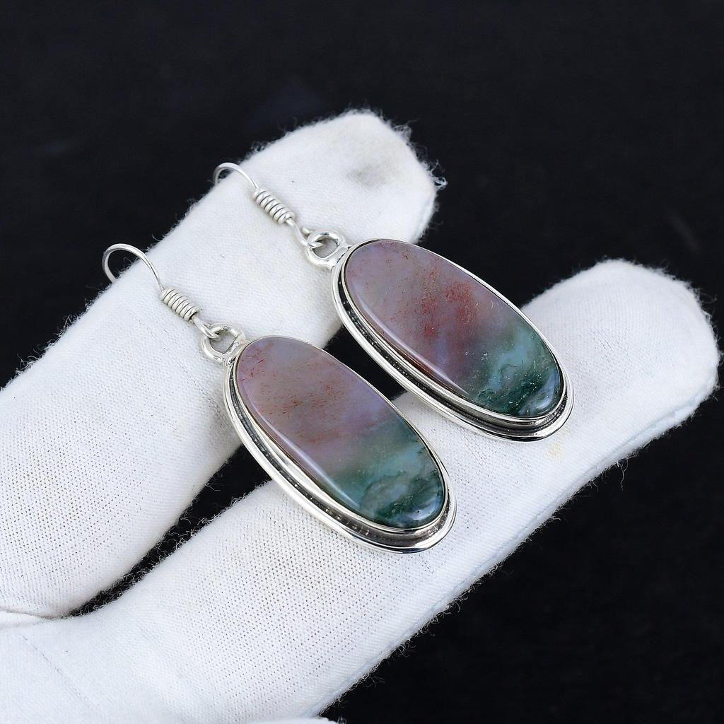 Natürlicher Indischer Moosachat Edelstein Antike Ohrringe 925 Sterlingsilber Ohrring, Boho Silberschmuck Hängeohrringe, Partykleidung Geschenke