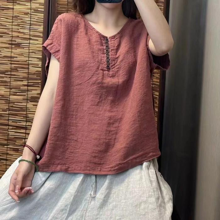 New Hot Season Style Literary Vintage High-end Solid Color Cotton and Linen Top for Women Loose Round Neck Casual Simple Short-sleeved Pullover