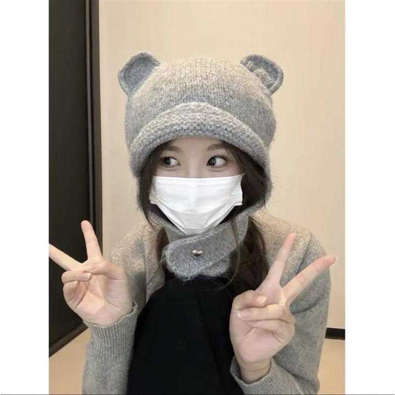 New bear knitted hat fashionable lazy style cute bear ears versatile wool ear protector headgear autumn and winter hat women