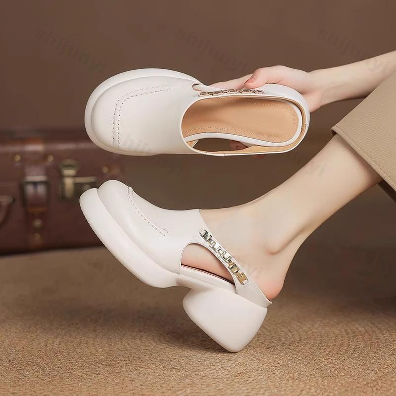 Fashion 2025 Summer Thick Soled Cool Half Dragging Women's Outdoor Beach Coarse Heel Fashion Elegant Buckle Designed Comfortable Sandals