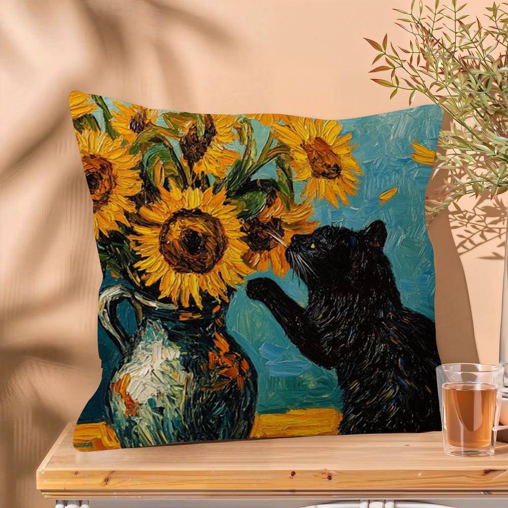 Funny Art Matisse Monet Black Cat Van Gogh Sunflowers Cushion Cover Decorative Pillow Sofa Home Decor Case Pillow Cases