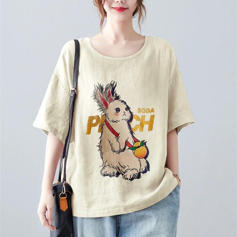 Tops for Women Cotton Summer Large Size T-shirt Round Neck Loose Rabbit Printed Casual Pullover T-shirt Top