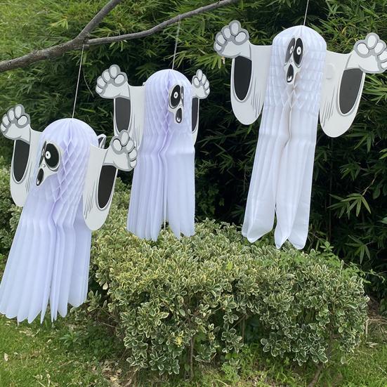 Halloween Ghost Decoration Hanging Honeycomb Tissue Paper Ghost Creepy Flying Ghost Ornament for Yard Patio Porch Tree Halloween Party Favors