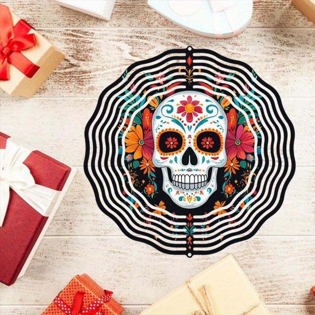 Vibrant Day of the Dead Skull Wind Chime Colorful Floral Skeleton Design 2D Rotating Outdoor Garden Art Festive Wall Decor for Home Yard