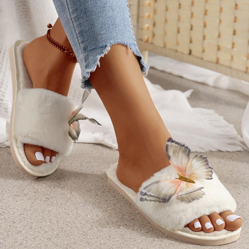 Fashion Hot-selling fashionable Plush Cotton Slippers 2025 Winter New Butterfly Indoor Home Warm Flat Bottom Non-slip Slippers