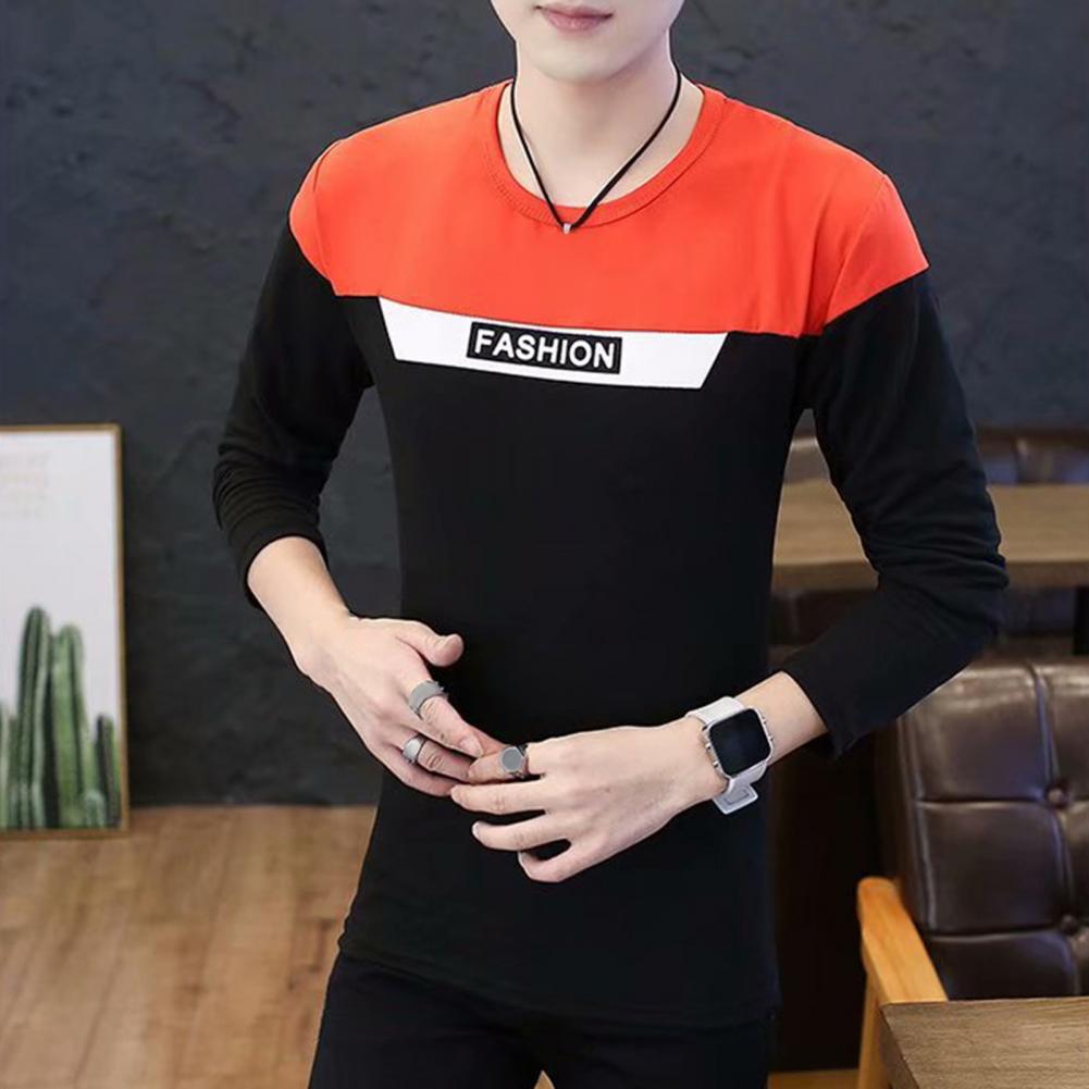 Fall Spring Men Top Patchwork Color Matching Letter Pattern Round Neck Long Sleeves Pullover Daily Wear Casual T-shirt