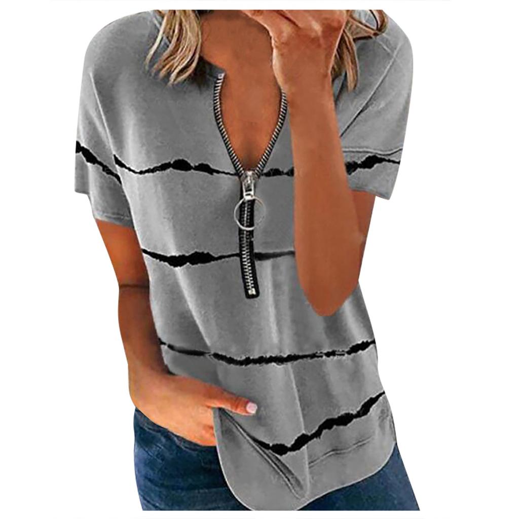 Women's Fashion Casual Striped Zipper Round Neck Loose Short-Sleeved Tops