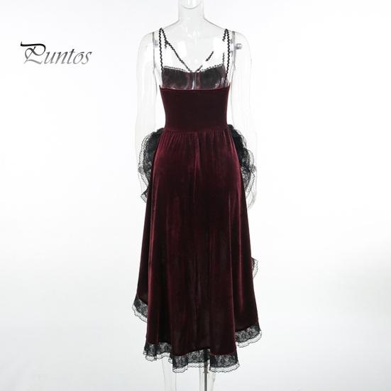 Women Cosplay Dress Dark Style Halloween Party Costume Lace Patchwork Irregular Hem Sleeveless Tight Waist Ruffles Adjustable Waistline Straps